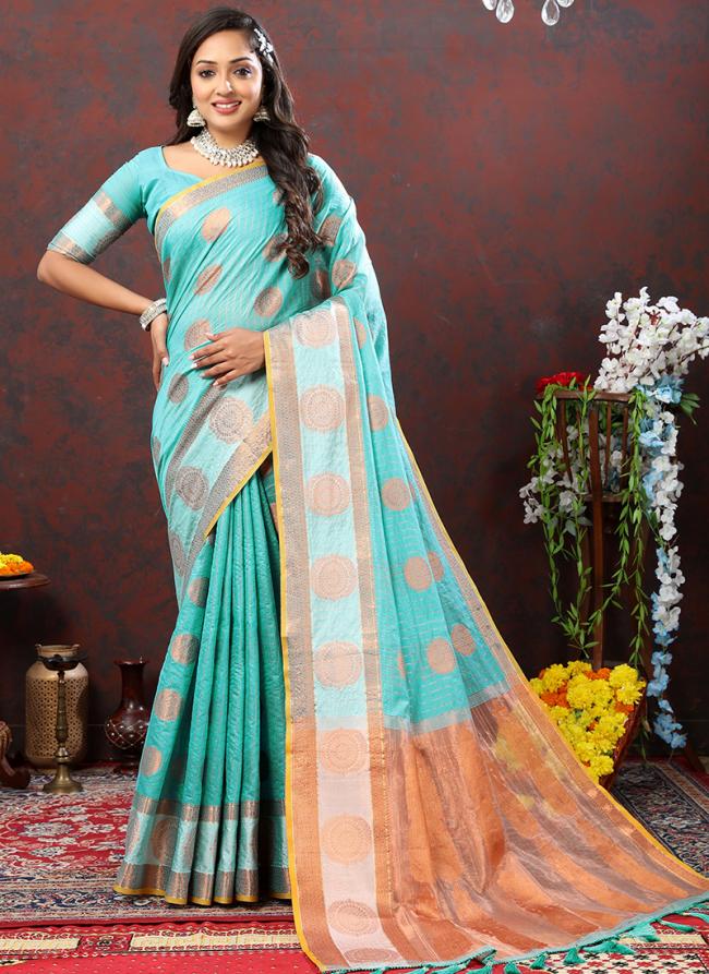 Sky Blue Soft Cotton Party Wear Zari Work Saree