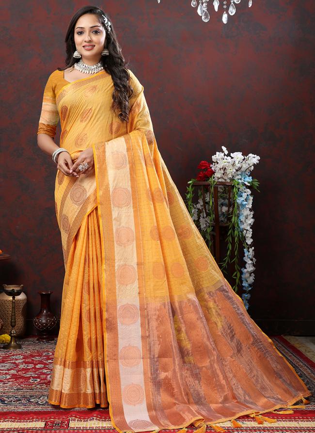 Yellow Soft Cotton Party Wear Zari Work Saree