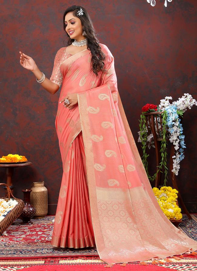 Peach Pink Soft Cotton Party Wear Zari Work Saree