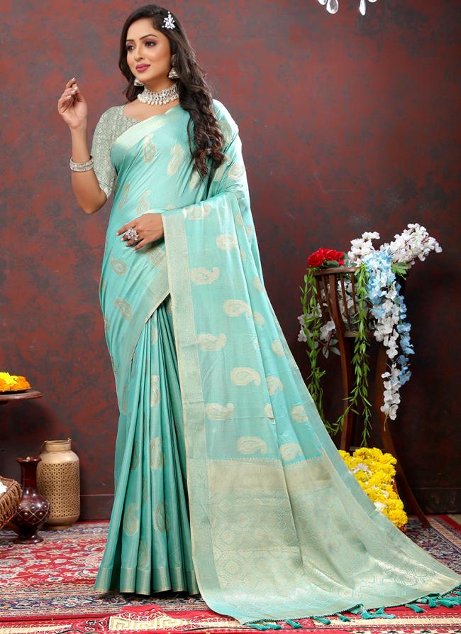 Sky Blue Soft Cotton Party Wear Zari Work Saree