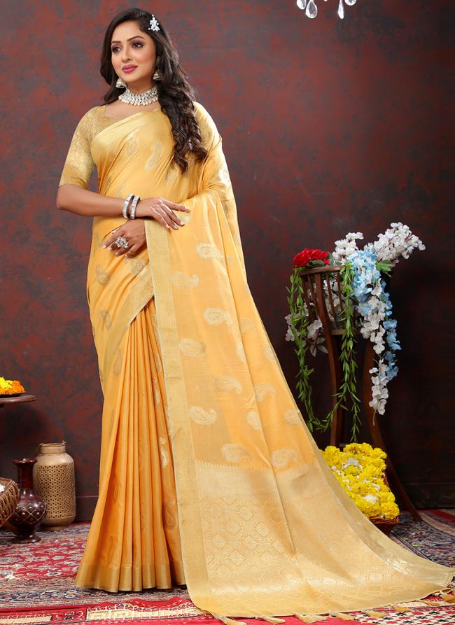 Yellow Soft Cotton Party Wear Zari Work Saree