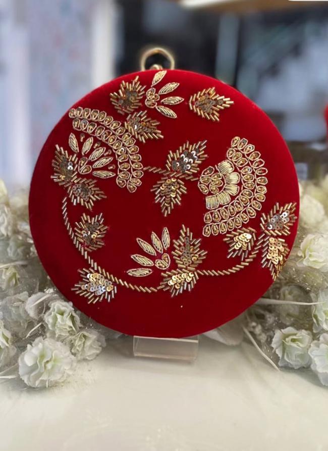   Party Wear  Red Embroidered Round Shape Clutch For Women