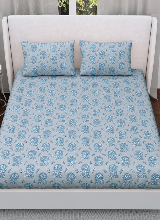 Cotton Light Blue Floral Print Double Bed Sheet(100*108)