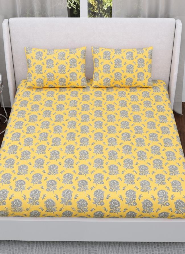 Cotton Yellow Floral Print Double Bed Sheet (100*108) 