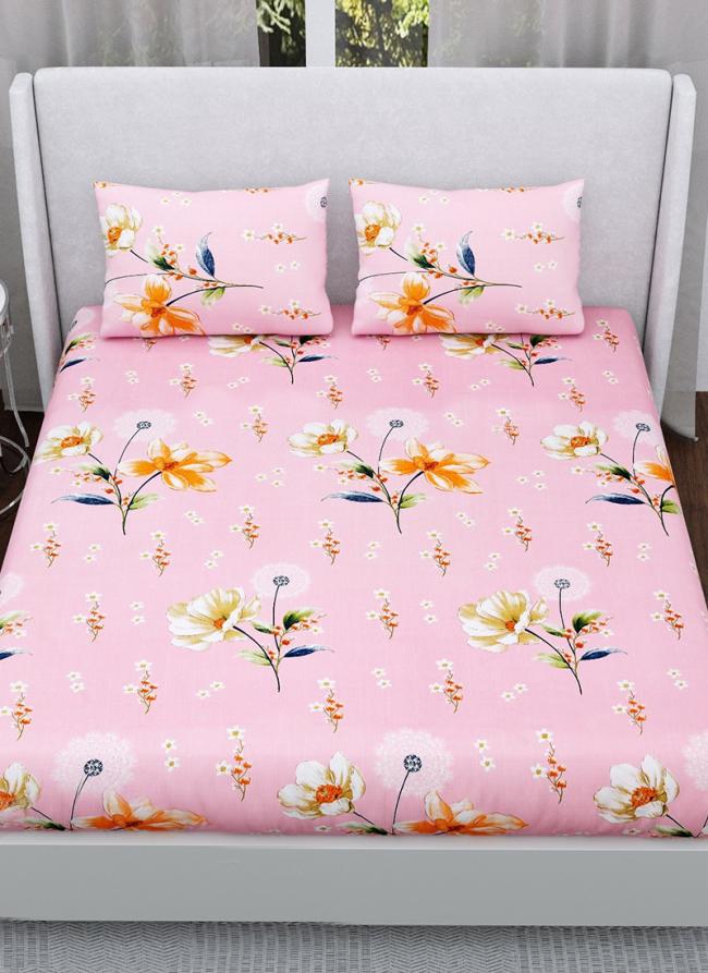 Cotton Peach  Floral Print Baby Pink Nandani Joy (100*108) Pure Cotton Printed Double Bed Sheet