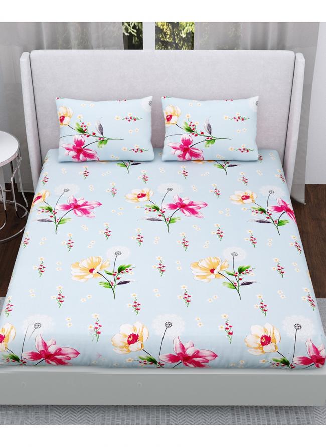 Cotton Peach  Floral Print Light Blue Nandani Joy (100*108) Pure Cotton Printed Double Bed Sheet