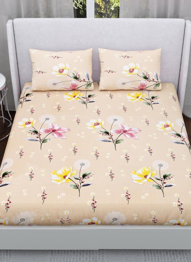 Cotton Peach  Floral Print Pastel Cream Nandani Joy (100*108) Pure Cotton Printed Double Bed Sheet