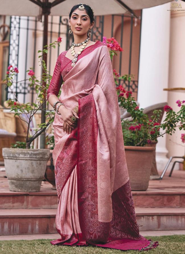 Mushroom Sattin Baby Pink Party Wear Weaving Saree