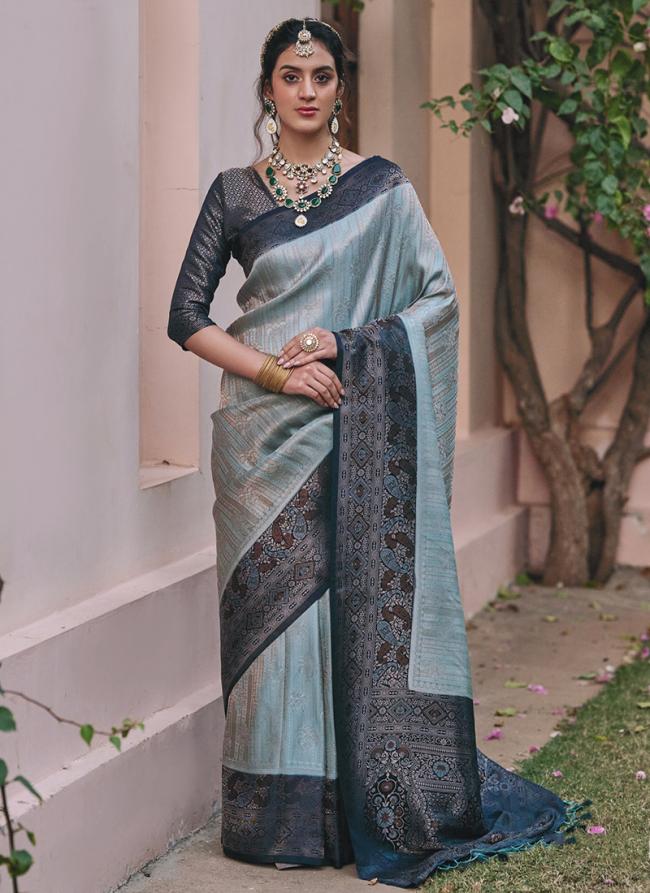 Mushroom Sattin Neavy Blue Party Wear Weaving Saree