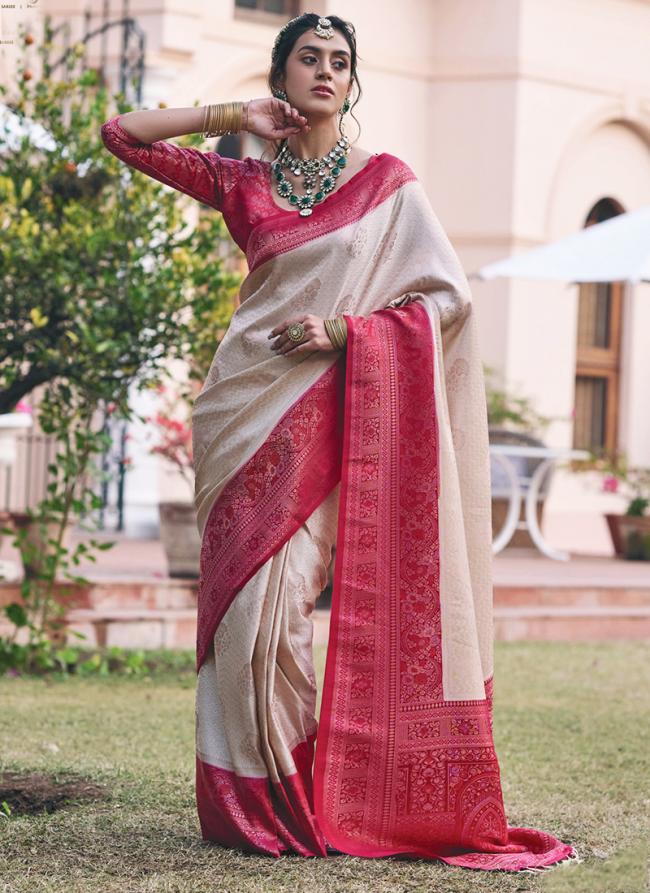 Mushroom Sattin Off White Party Wear Weaving Saree