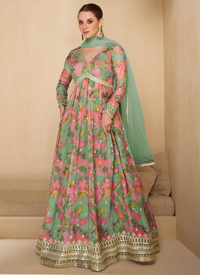 Real Georgette Multi Colour Party Wear Embroidery Work Readymade Gown With Dupatta