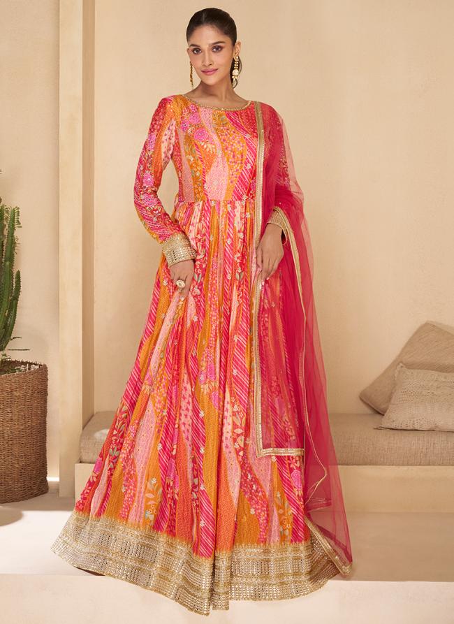 Real Georgette Pink Party Wear Embroidery Work Readymade Gown With Dupatta