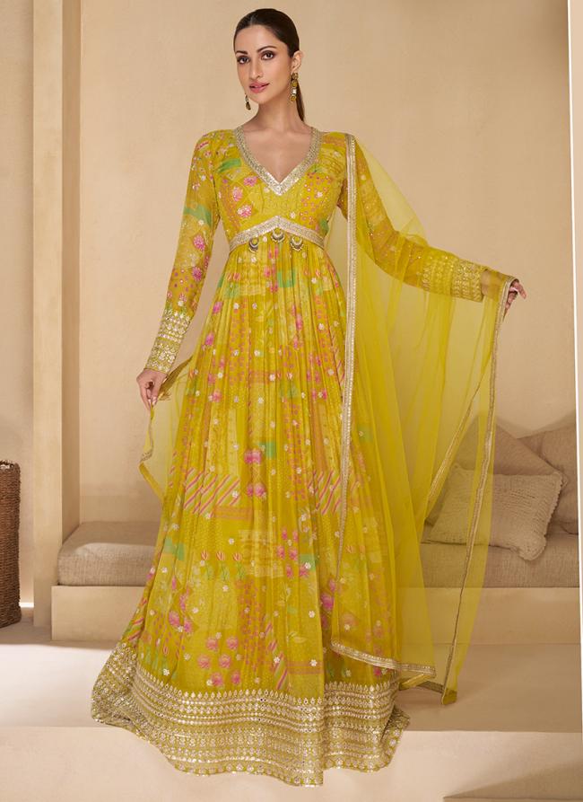 Real Georgette Yellow Party Wear Embroidery Work Readymade Gown With Dupatta