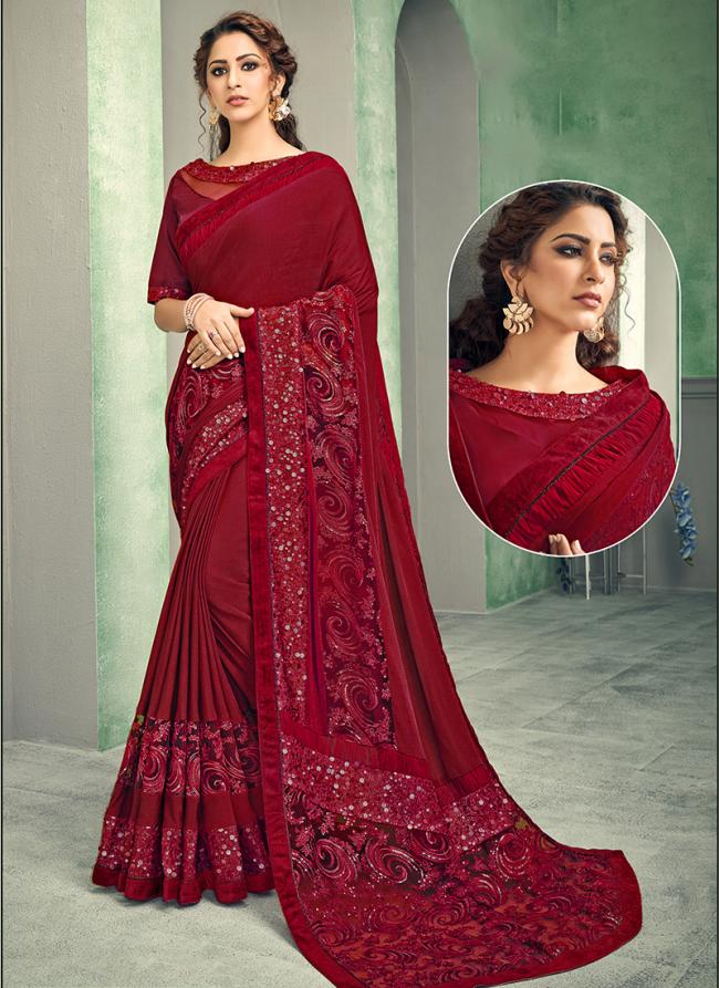 Lycra Maroon Party Wear Embroidery Work Saree