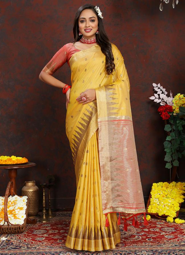 Soft Silk Yellow Wedding Wear Weaving Saree