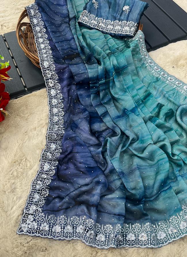 Rangoli Blue Party Wear Prizam Print Saree