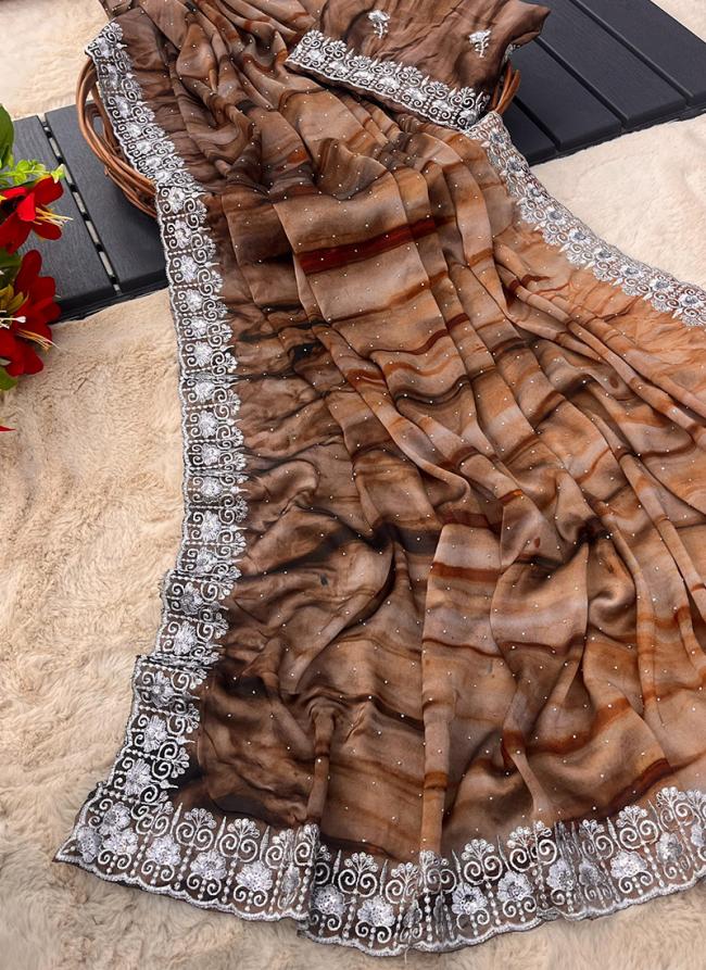 Rangoli Brown Party Wear Prizam Print Saree