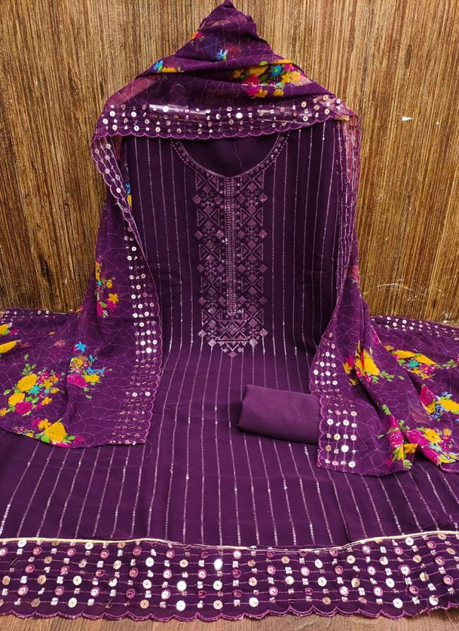 Georgette Purple  Embroidery Work Dress Material