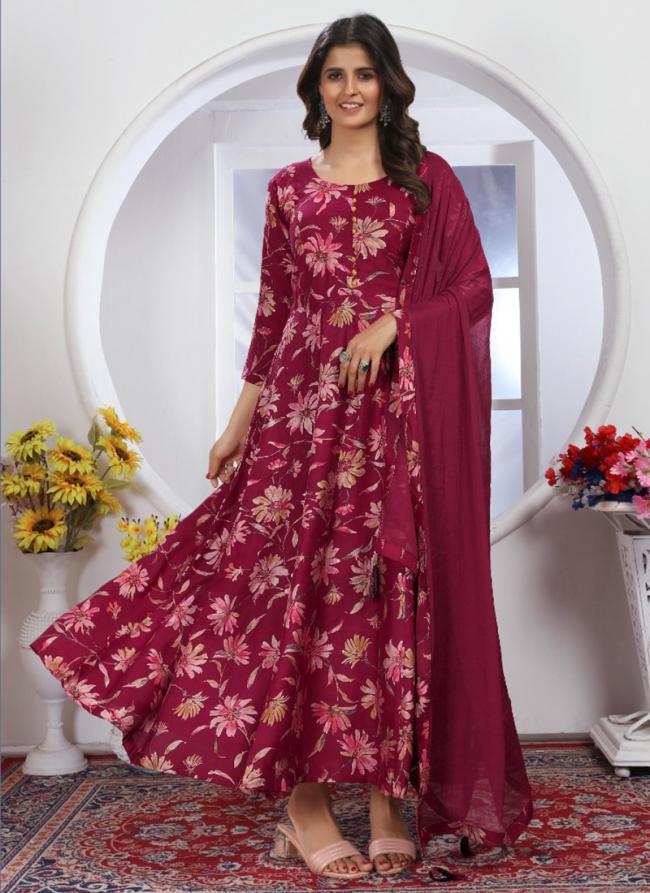 Premium Chanderi Dark Pink  Digital Printed Readymade Salwar Suit