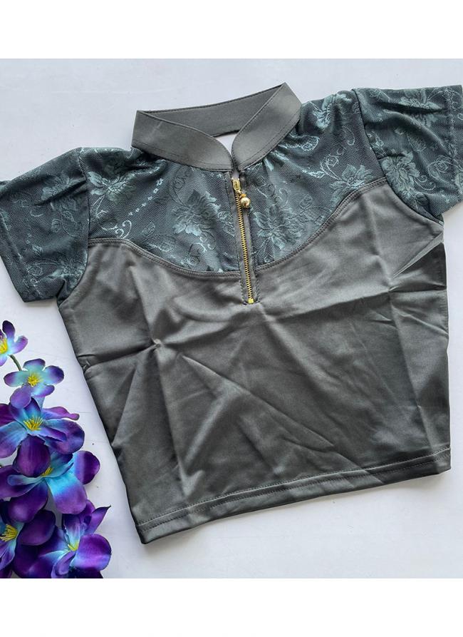 Lycra Sattin Grey  Thread Work Readymade Blouse