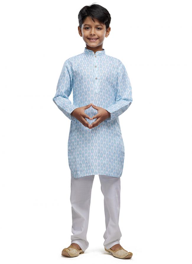 Cotton Sky Blue Festival Wear Digital Printed Kids Kurta With Pant