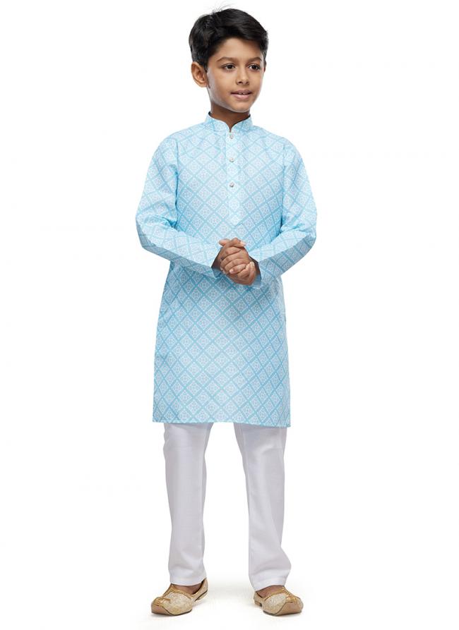 Cotton Sky Blue Festival Wear Digital Printed Kids Kurta With Pant