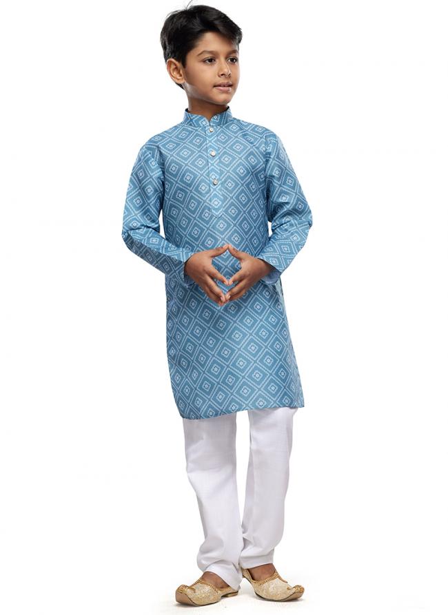 Cotton Blue Festival Wear Digital Printed Kids Kurta With Pant