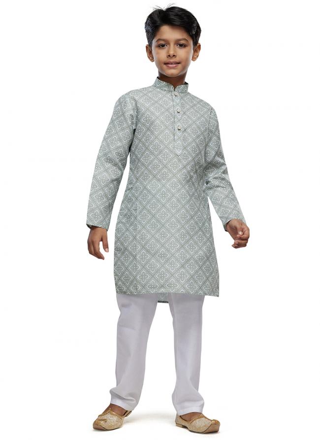 Cotton Light Teal Festival Wear Digital Printed Kids Kurta With Pant