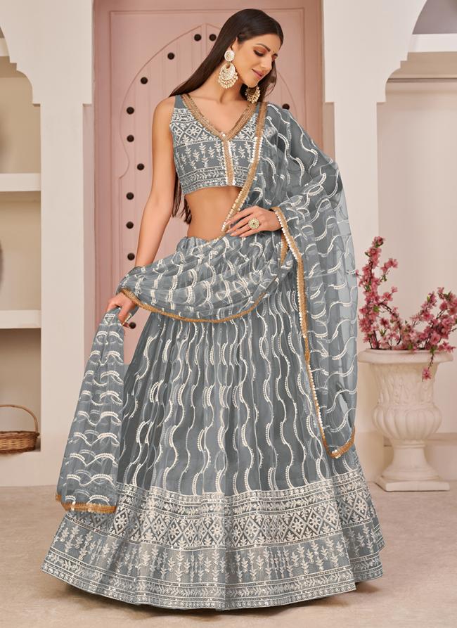 Butterfly Net Grey Wedding Wear Cotton Thread Work Lehenga Choli