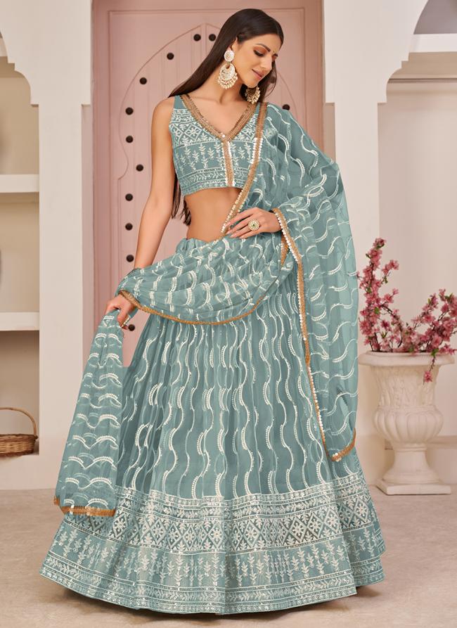 Butterfly Net Ocean Blue Wedding Wear Cotton Thread Work Lehenga Choli