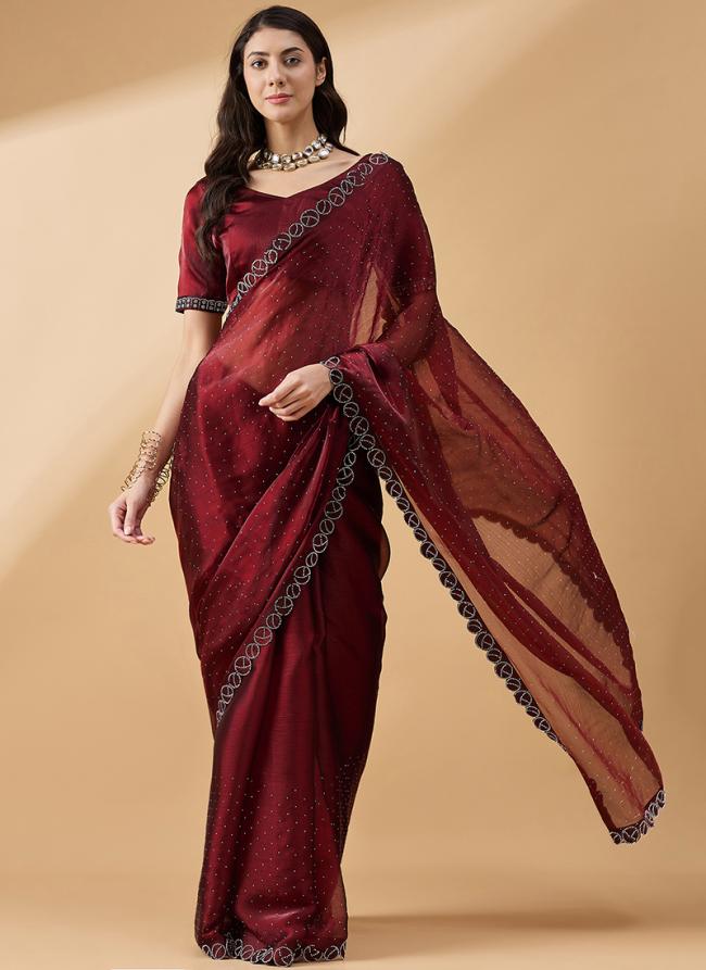 Organza Brown Party Wear Swaroski Work Saree