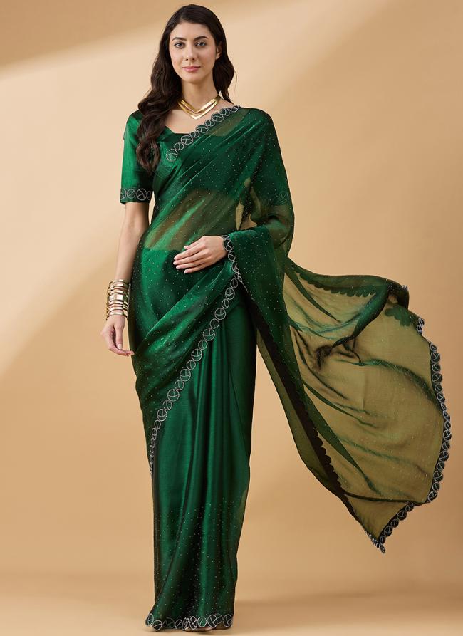 Organza Green Party Wear Swaroski Work Saree