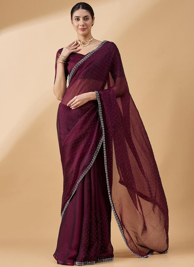 Organza Purple Party Wear Swaroski Work Saree