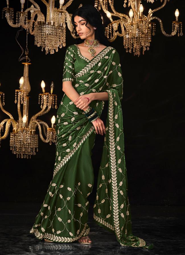 Tissue Silk Green Wedding Wear Embroidery Work Saree