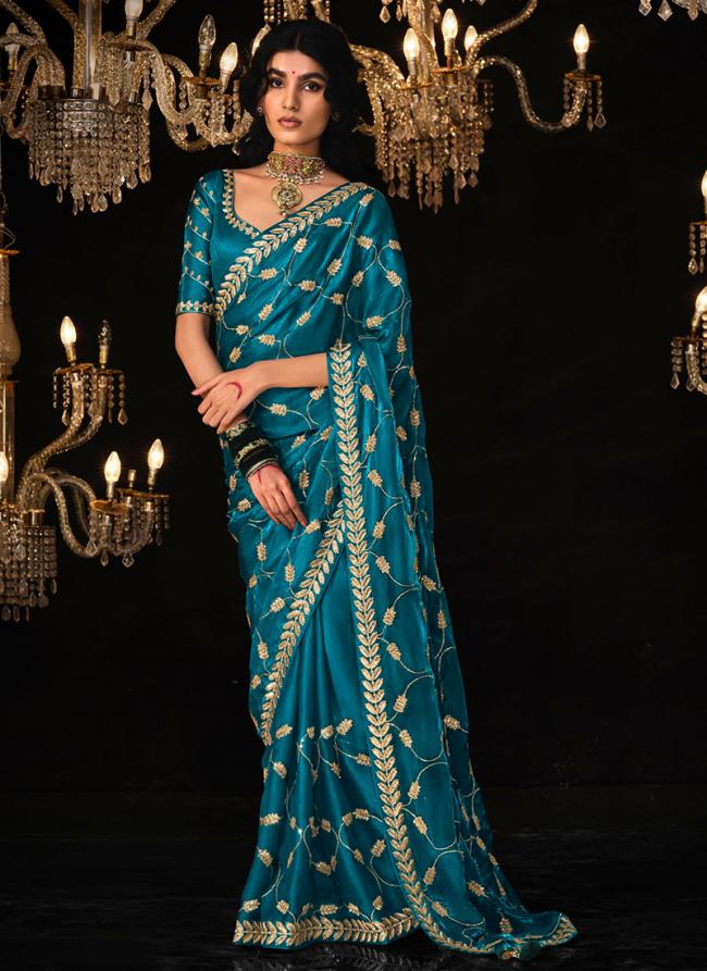 Tissue Silk Sky Blue Wedding Wear Embroidery Work Saree