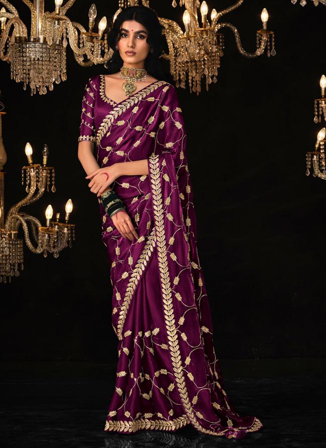 Tissue Silk Wine Wedding Wear Embroidery Work Saree