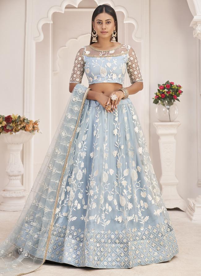 Butterfly Net Sky Blue Festival Wear Cotton Thread Work Lehenga Choli