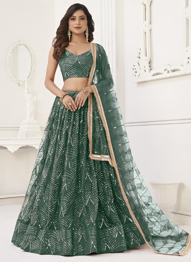 Butterfly Net Sea Green Wedding Wear Sequence Work Lehenga Choli