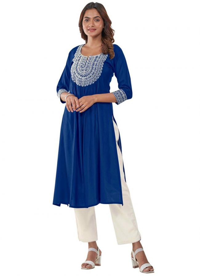 Rayon Blue Office Wear Embroidery Work Readymade Kurti