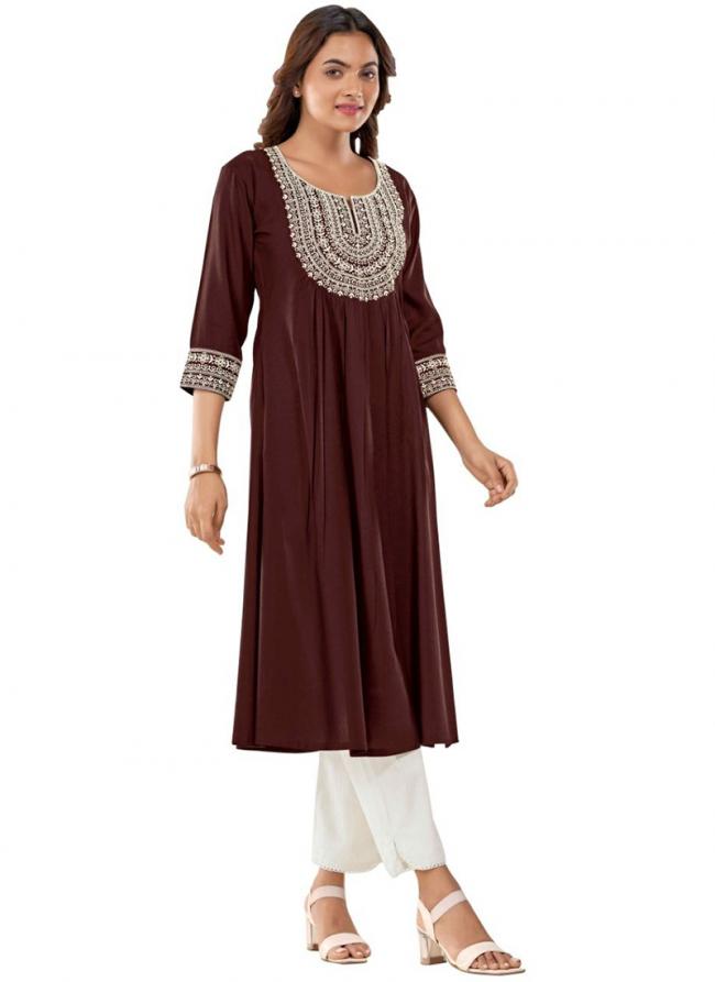 Rayon Brown Office Wear Embroidery Work Readymade Kurti