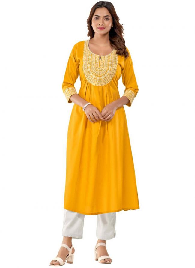 Rayon Yellow Office Wear Embroidery Work Readymade Kurti