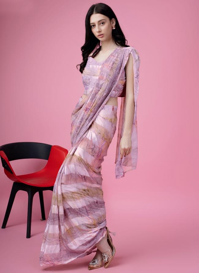 Satin Silk  Lilac Festival Wear Swaroski Work Ready To Wear Saree