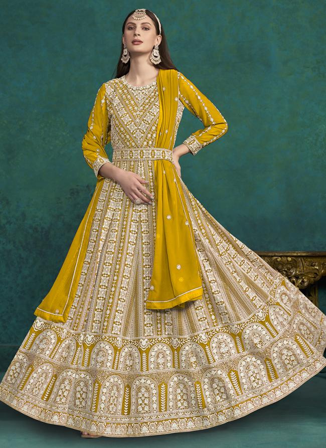 Faux Georgette Yellow Wedding Wear Lkhnavi Work Anarkali Suit