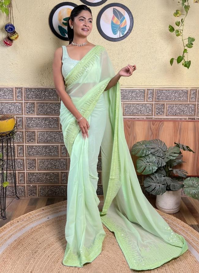 Georgette Pista Green Party Wear Sequence Work Saree