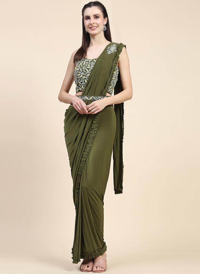 Imported Fabric Dusty Green Party Wear Embroidery Work Ready To Wear Saree