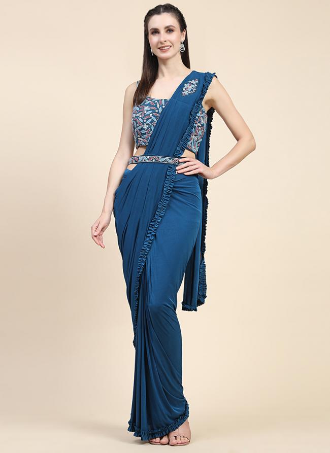 Imported Fabric Sea Blue Party Wear Embroidery Work Ready To Wear Saree