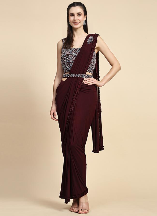 Imported Fabric Wine Party Wear Embroidery Work Ready To Wear Saree