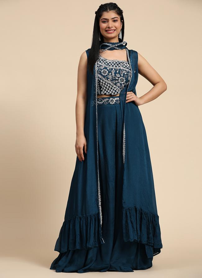 Pure Chinnon Aqua Blue Party Wear Embroidery Work Readymade Indo Western