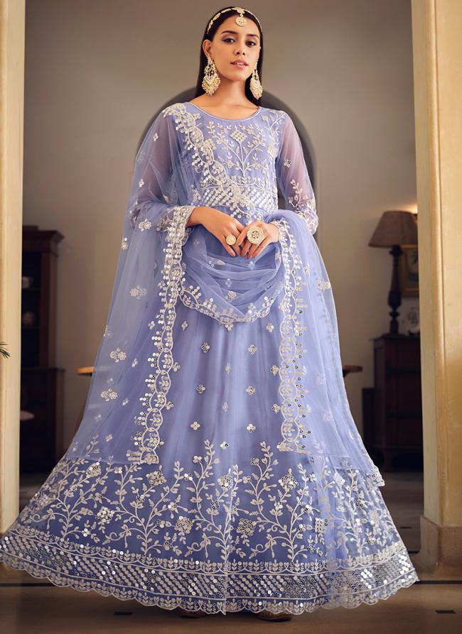 Butterfly Net Lavender Wedding Wear Embroidery Work Anarkali Suit