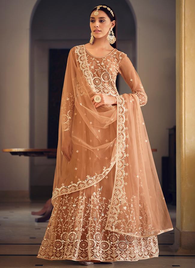 Butterfly Net Peach Wedding Wear Embroidery Work Anarkali Suit